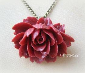 Red Ruffle Rose Cabochon Pendant on Antique Brass Chain Necklace - Jewelry by FIVE