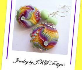 Rainbow Glass Earrings, Striped Multicolor Yellow Green Purple Pink Lampwork Dangle, Jewelry by JKS Designs