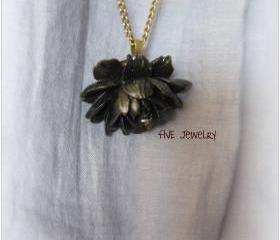 Black Ruffle Rose Cabochon Pendant on Antique Brass Chain Necklace - Jewelry by FIVE