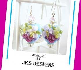 Floral Lampwork Heart Earrings, Shabby Chic Rose Pink Aqua Glass Sterling Silver Pierced Dangle, Jewelry by JKS Designs Australia