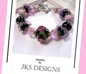 Shabby Chic Black Rose Pink Floral Lampwork Glass and Silver Silver Beaded Charm Bracelet, Jewelry by JKS Designs Australia