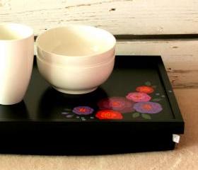  Laptop Lap Desk or Breakfast serving Tray - Hand painted on Black with Pink and Purple Flowers- Custom Order