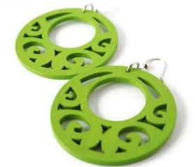 Lime Green Earrings. Wood Earrings Boho Style