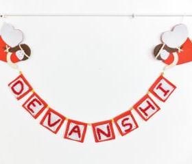 Angels Announce Name Banner in Red Felt & Off White Burlap