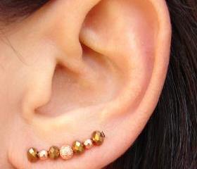 Ear Pins - Copper Tones Sparkly Crystals and Stardust Copper Beads - Pair Earrings
