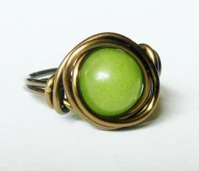 Green Jade Ring In Antique brass