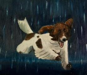 Happy Puppy Dog in Thunderstorm, Summer Rain - Original Painting Illustration