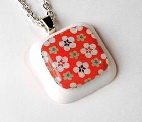 White and Green Flowers on Red Chiyogami Resin Pendant