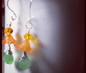 Honeysuckle Orange- Lucite Flower Beads, Briollete Bead Earrings Summer Silver Plated
