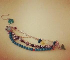 Multi strand summer bracelet. brass chain. silver plated chain. freshwater pearls. czech beads. metal beads. jade.
