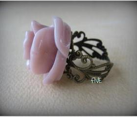Large Rosey Rose on Antique Brass Filigree Ring - Adjustable - Jewelry by FIVE