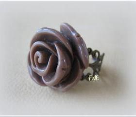 Large Mocha Rose on Antique Brass Filigree Ring - Adjustable - Jewelry by FIVE