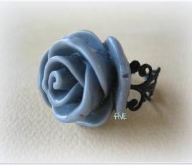 Large Gray Rose on Black Brass Filigree Ring - Adjustable - Jewelry by FIVE