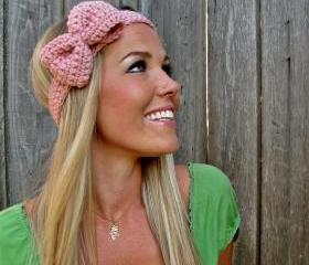 Pale Pink Bow Headband with Natural Vegan Coconut Shell Buttons - Adjustable