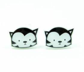 Black Cat Earrings - Sterling Silver Posts Stud Kawaii Cute