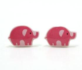 Pink Elephant Earrings - Sterling Silver Posts Studs Kawaii Cute