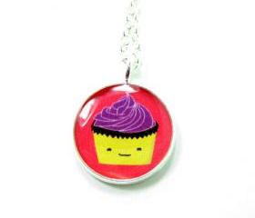 Cupcake Necklace - Pink Purple Kawaii Cute Silver Plated 17 inch