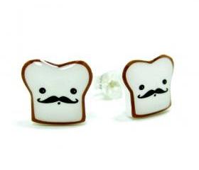 French Toast Earrings - Sterling Silver Posts Studs Kawaii Cute Moustache