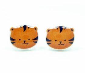 Tiger Earrings - Orange Black Sterling Silver Posts Studs Kawaii Cute