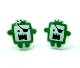 Timmy the Green Pirate Monster Earrings - Sterling Silver Posts Stud Kawaii Cute