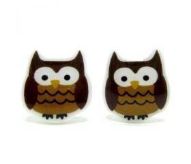 Owl Earrings - Brown Sterling Silver Posts Studs Kawaii Cute