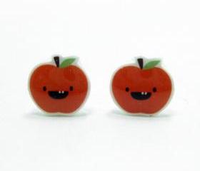 Dorky Apple Earrings - Red Sterling Silver Posts Studs Kawaii Cute
