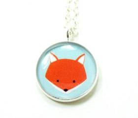 Fox Necklace - Blue Orange Kawaii Cute Silver Plated 17 inch