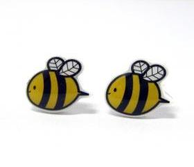 Bumble Bee Earrings - Yellow Black Sterling Silver Posts Studs Kawaii Cute