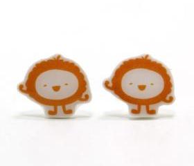Fluffy Orange Monster Earrings - Sterling Silver Posts Studs Kawaii Cute