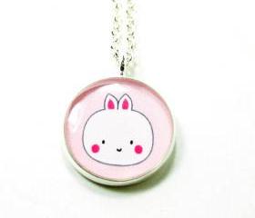 Bunny Necklace - Pink White Kawaii Cute Silver Plated 17 inch