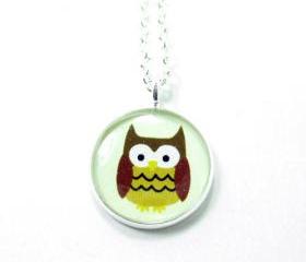 Owl Necklace - Brown Cream Kawaii Cute Silver Plated 17 inch