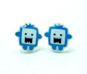 Chomper The Blue Monster Earrings - Sterling Silver Posts Studs Kawaii Cute