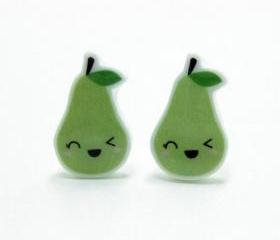 Winking Green Pear Earrings - Sterling Silver Posts Studs Kawaii Cute