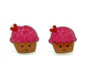 Pink Cupcake Earrings - Sterling Silver Posts Studs Kawaii Cute