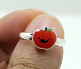 Dorky Apple Ring - Red Kawaii Cute Silver Plated Adjustable