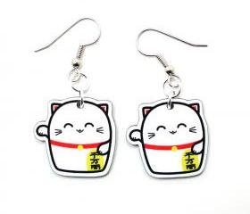 Lucky Cat Acrylic Charm Earrings on Sugical Steel Hooks