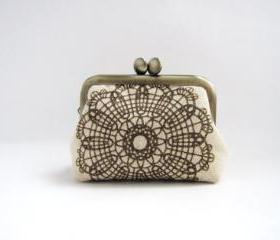 Coin purse- Mini frame jewelry case with ring pillow- brilliant lace on beige