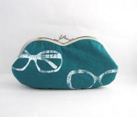 sunglass / eyeglasses case -glasses on teal linen - snap case- frame purse