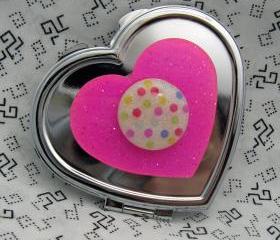 Hot Pink Heart and Polka Dots Compact Mirror 