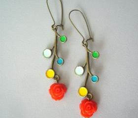 Red rose branch earrings