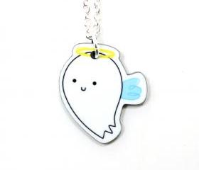 Angel Acrylic Charm Necklace on Silver Plated Chain - White Kawaii Cute