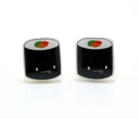 Maki Sushi Earrings - Black Sterling Silver Posts Studs Kawaii Cute