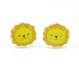 Lion Earrings - Yellow Orange Sterling Silver Posts Studs Kawaii Cute