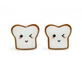 Bread Buddy 3 Toast Earrings - Sterling Silver Posts Studs Kawaii Cute