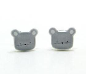 Tiny Grey Mouse Earrings - Gray Sterling Silver Posts Studs Kawaii Cute