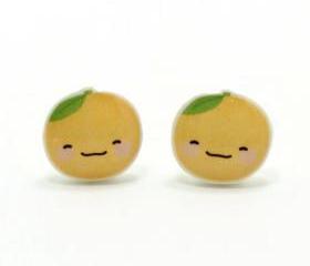 Happy Orange Earrings - Sterling Silver Posts Studs Kawaii Cute