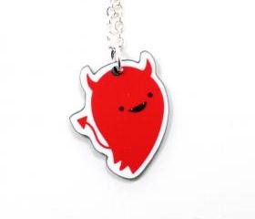 Devil Acrylic Charm Necklace on Silver Plated Chain - Red Kawaii Cute