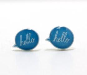 Blue Hello Speech Bubble Earrings - Sterling Silver Posts Studs Kawaii Cute