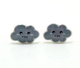 Stormy Cloud Earrings - Grey Sterling Silver Posts Studs Kawaii Cute
