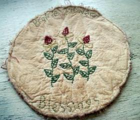 Primitive Candle Mat, Prairie Flowers, Hand Stitched, Spring, Summer
